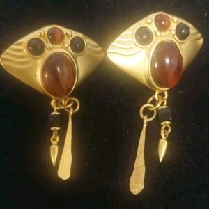Vintage Brushed Gold With Tigers Eye Dangle Earrings